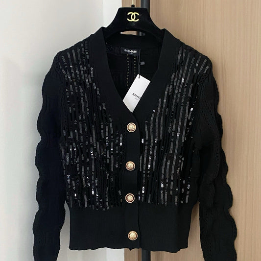 New Two-Tone Cardigan with Hand-Stitched Button