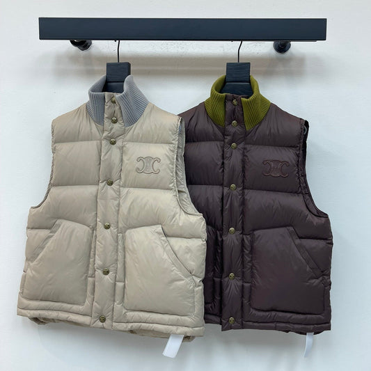 Ribbed Stand Collar Color-Blocked Cotton Vest
