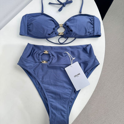 Satin Strapless Bikini Swimsuit Metal Buckles & Logo