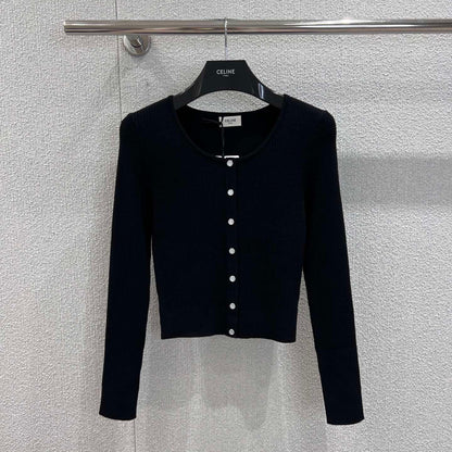 Slim Fit Wool Knit Cardigan Black Crew Neck Cropped