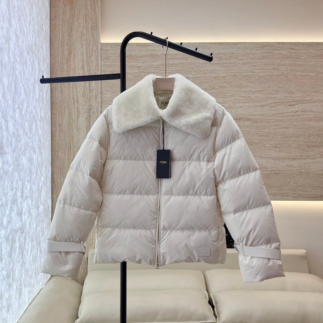 White Puffer Jacket with Luxurious Fur Collar