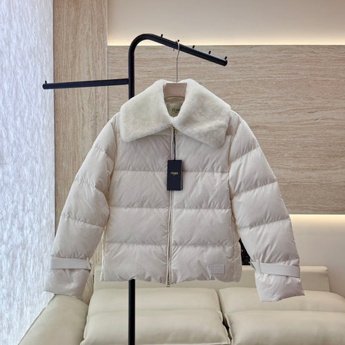 White Puffer Jacket with Luxurious Fur Collar