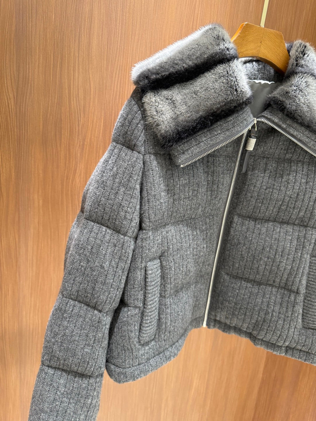 BC Mink-Collar Cashmere Knit Down Jacket
