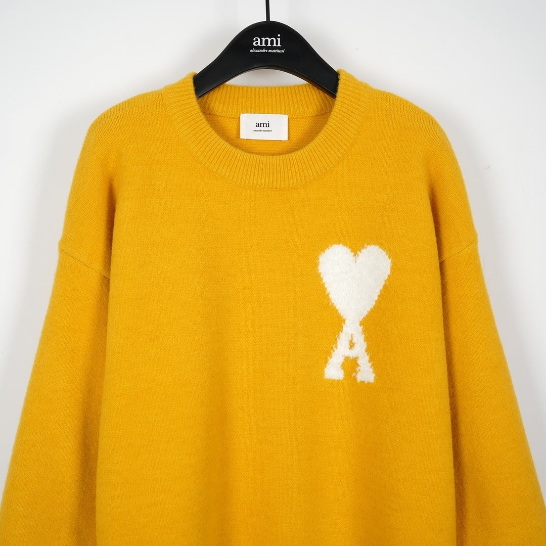 Ami Alpaca Wool White Heart Crewneck Sweater Unisex