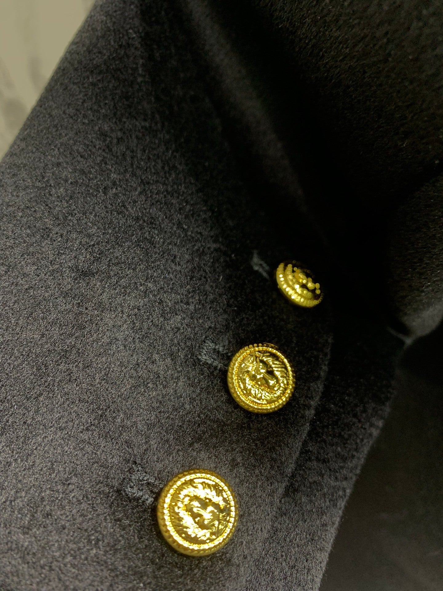Double-Breasted Black Wool Coat with Gold Buttons & Belt