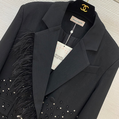 Ostrich Feather Trim Beaded Bee Suit Jacket Double-Breasted