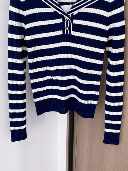 Dior 2025 Two-Tone Navy Collar Long Sleeve Top