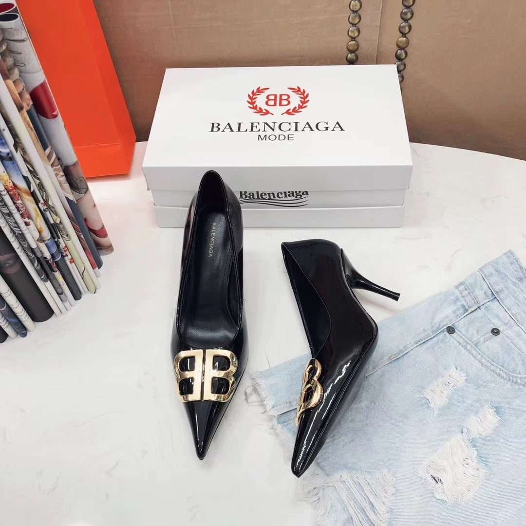 Balenciaga Pointed-Toe Double B Buckle Heels – Patent Leather