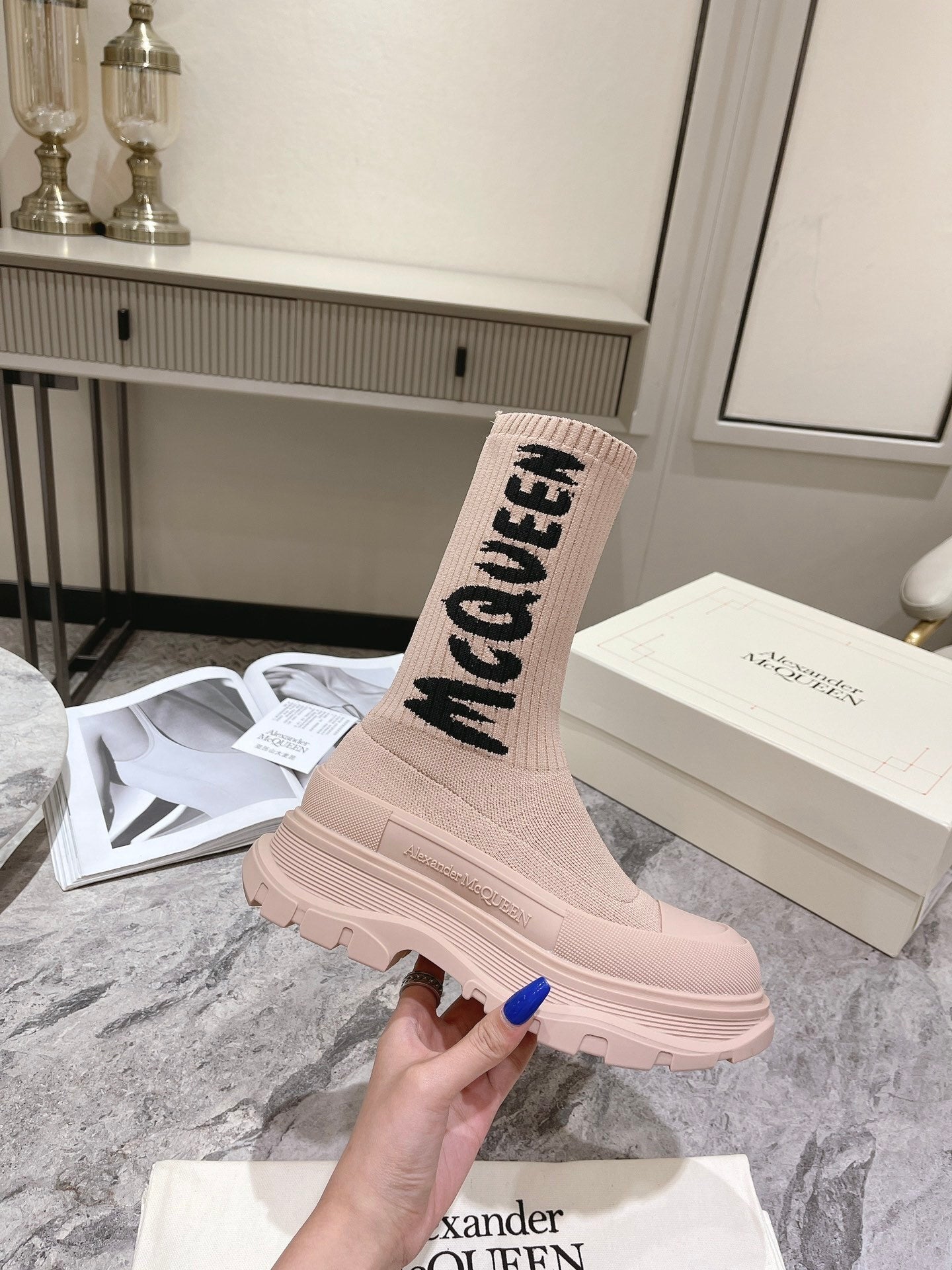 McQueen Graffiti Knitted Tread Slick Boots