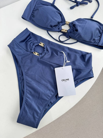 Satin Strapless Bikini Swimsuit Metal Buckles & Logo