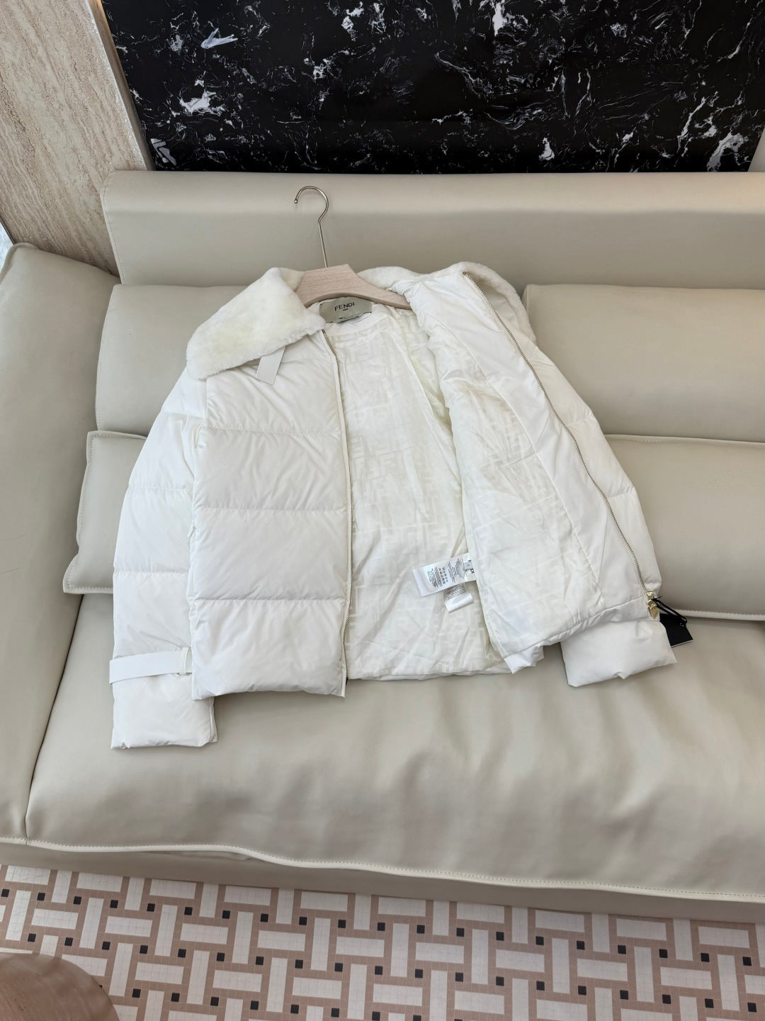White Puffer Jacket with Luxurious Fur Collar