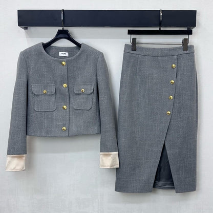 Winter Wool Dress Jacket & Skirt Set Round Neck