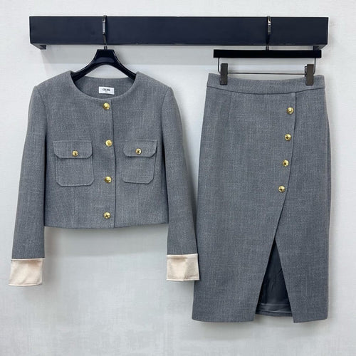 Winter Wool Dress Jacket & Skirt Set Round Neck