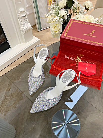 Rene Caovilla Pointed-Toe Lace Rhinestone High Heels