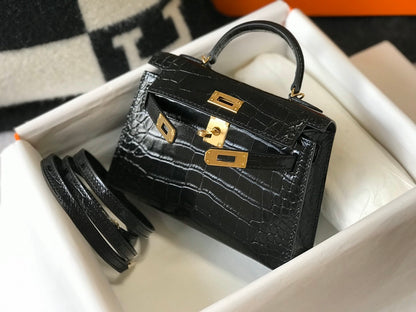 Hermès Kelly Mini 20 Black Shiny Alligator Gold Hardware