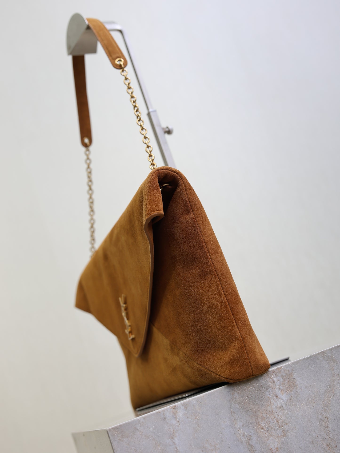 Saint Laurent Cassandre Suede Pouch on Chain – Brown