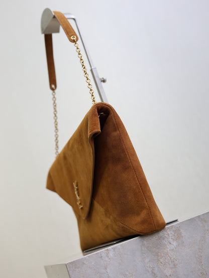 Saint Laurent Cassandre Suede Pouch on Chain – Brown