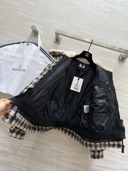 Black & White Checkered Tweed Bomber Jacket