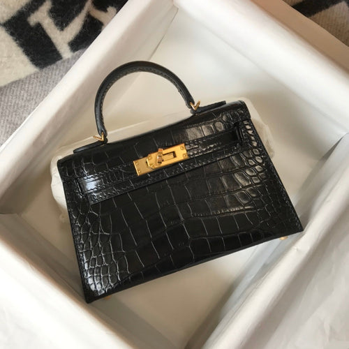 Hermès Kelly Mini 20 Black Shiny Alligator Gold Hardware