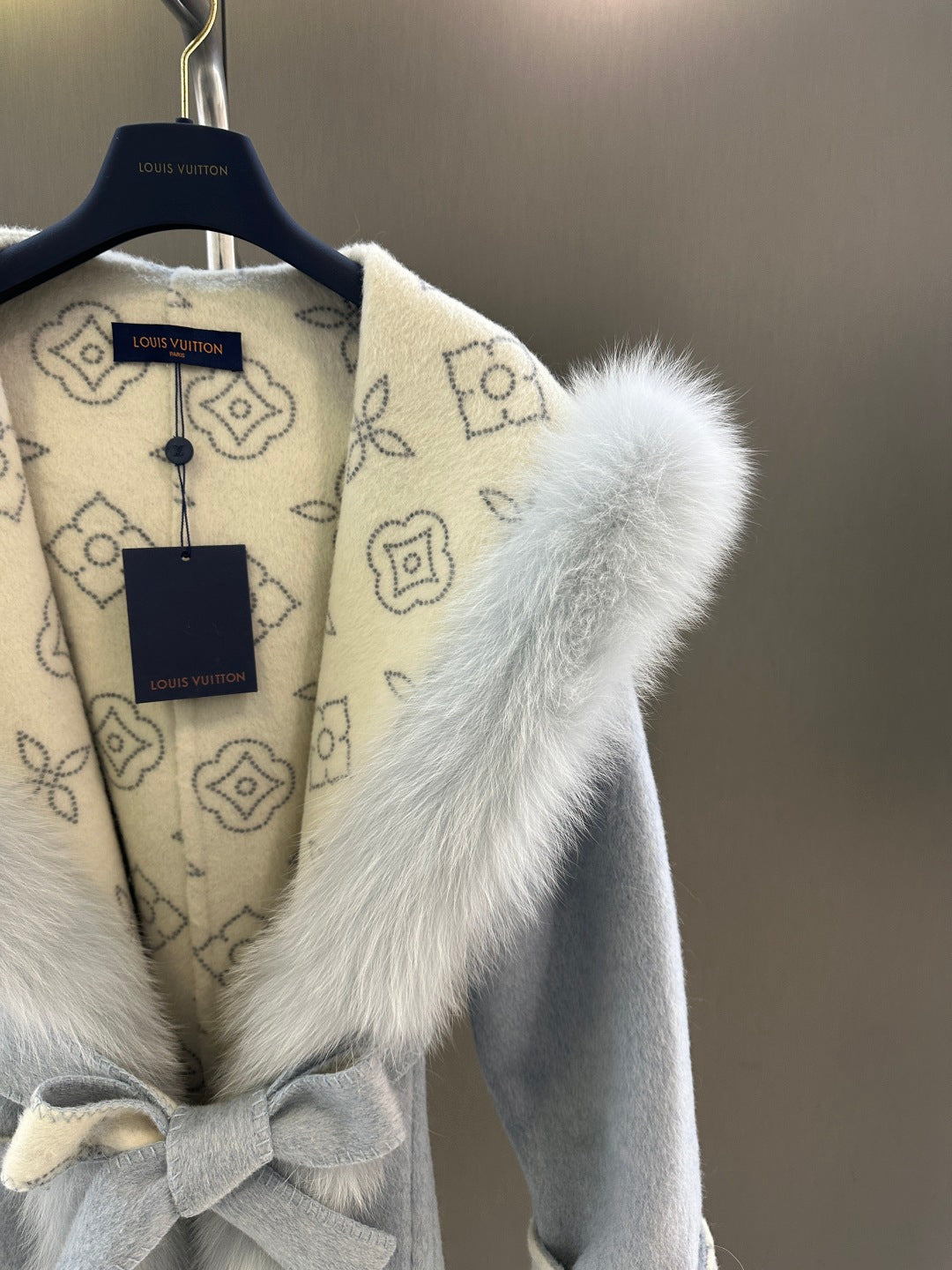 LV AW Wool Coat with Imported White Fox Fur Collar