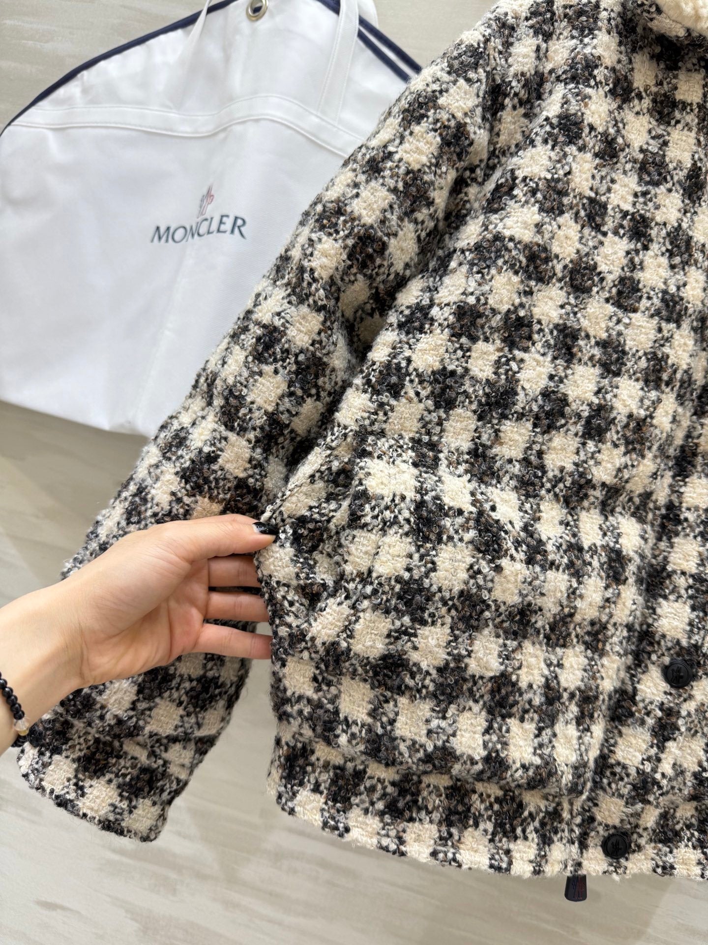 Black & White Checkered Tweed Bomber Jacket