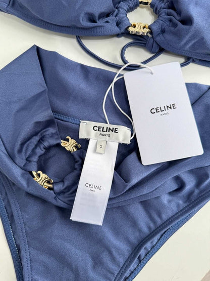 Satin Strapless Bikini Swimsuit Metal Buckles & Logo