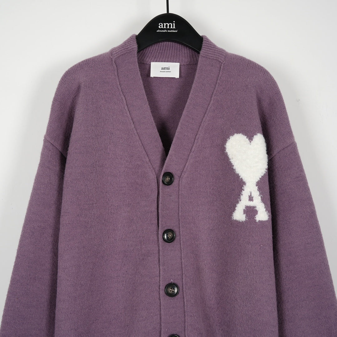 Ami Alpaca Wool White Heart Cardigan Unisex Loose Fit