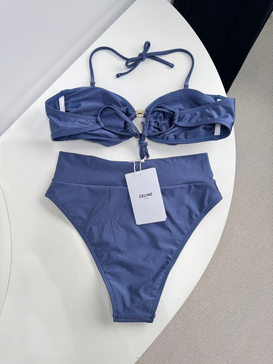 Satin Strapless Bikini Swimsuit Metal Buckles & Logo