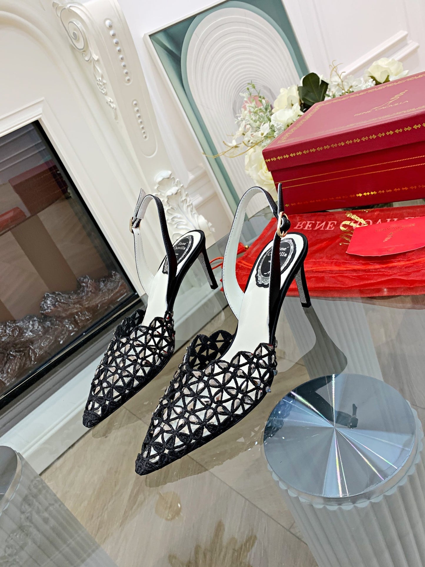 Rene Caovilla Pointed-Toe Lace Rhinestone High Heels