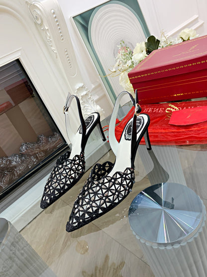 Rene Caovilla Pointed-Toe Lace Rhinestone High Heels